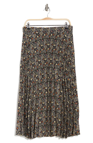 MAX STUDIO Graduated Pleat Print Knee-Length Midi Skirt, Alternate, color, BLACK/ SAGE CARA FOLK FLOWER