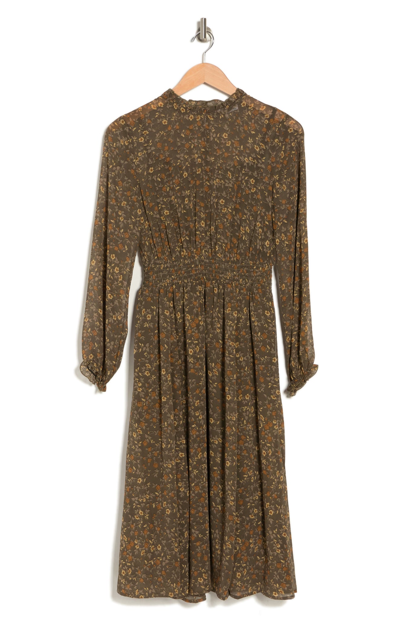 CALVIN KLEIN Ruffle Neck Midi Dress, Alternate, color, LUGGAGE MULTI