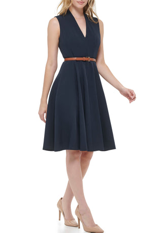 TOMMY HILFIGER Micro Twill Belted Fit & Flare Dress, Alternate, color, SKY CAPTAIN