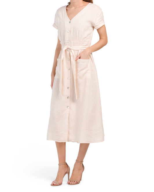 main image of Linen Short Sleeve Belted V-neck Midi Dress