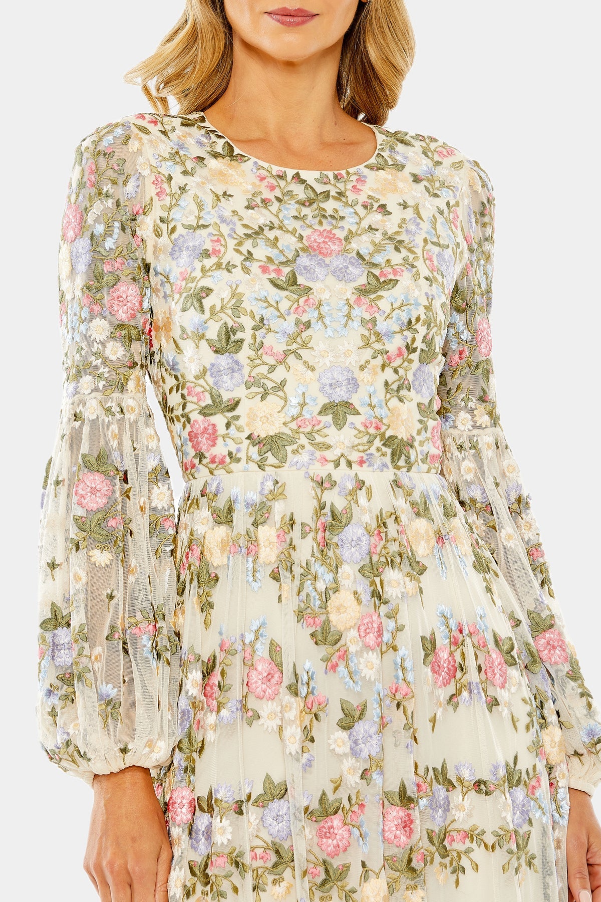 High Neck Floral Embroidered Puff Sleeve Gown