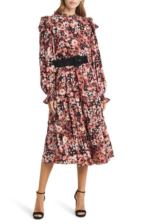 RACHEL PARCELL Floral Print Ruffle Long Sleeve Belted Tiered Midi Dress