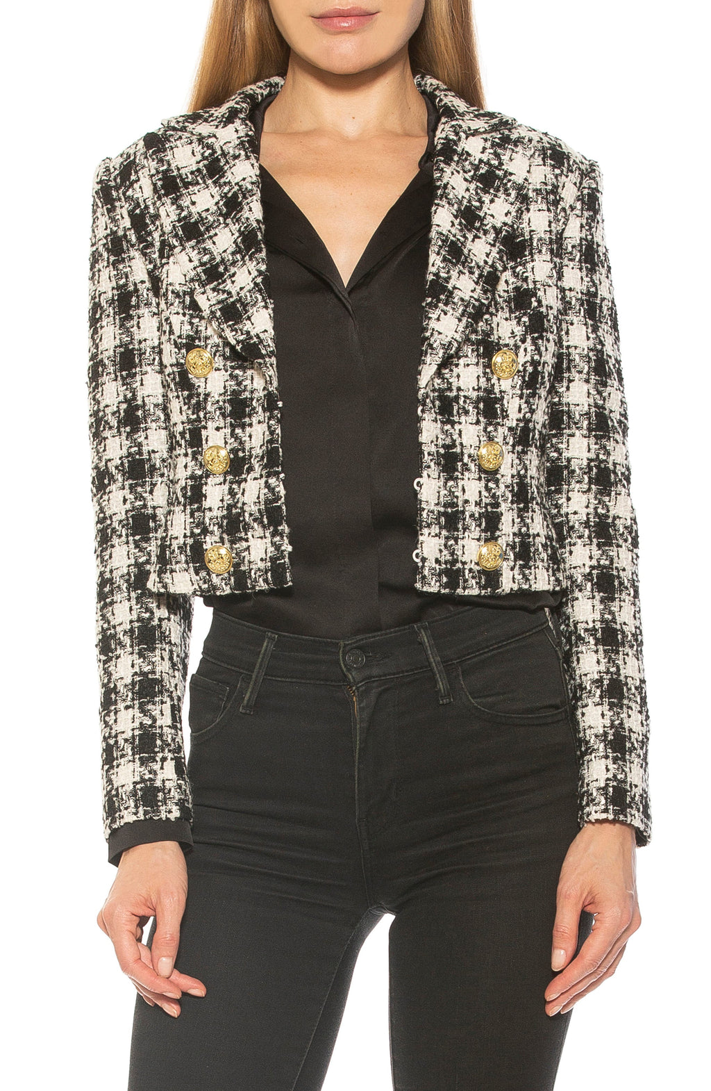 ALEXIA ADMOR Jesse Double Breasted Crop Tweed Blazer, Main, color, BW HOUNDSTOOTH