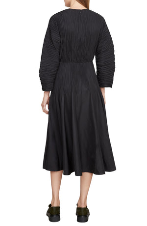 Vince Micro Pleated Long Sleeve Midi Dress, Alternate, color, BLACK