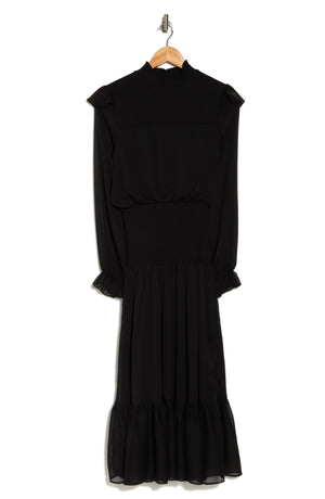 Area Stars Ruffle Long Sleeve Midi Dress, Alternate, color, BLACK