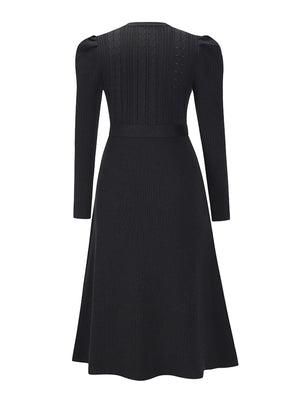 Women Puff Sleeve Maxi Long Dress A-Line Belted Midi Dresses Solid Color Tie Back Knitted Sweater Dress Night Wear - image 7 of 10