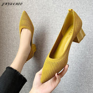 4 cm Women Knit Fabric Pumps Fashion V Mouth Stretchy Med Square Gold Heels Pointy Toe Slip On Office Shoes Autumn