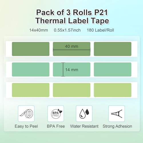 Genuine P21 Label Maker Tape, Adapted Label Print Paper, 14x40mm (0.55"x1.57"), Standard Laminated Labeling Replacement, Multipurpose of P21, 180 Tapes/Roll, 3-Roll, Light Green/Green/Dark Green