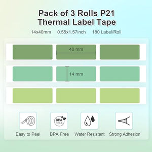 Genuine P21 Label Maker Tape, Adapted Label Print Paper, 14x40mm (0.55"x1.57"), Standard Laminated Labeling Replacement, Multipurpose of P21, 180 Tapes/Roll, 3-Roll, Light Green/Green/Dark Green