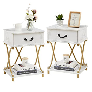 VECELO White and Gold Nightstands Set of 2 with Drawer for Bedroom, Endtable Bedside Table with Storage & Open Shelf for Living Room, Modern Style