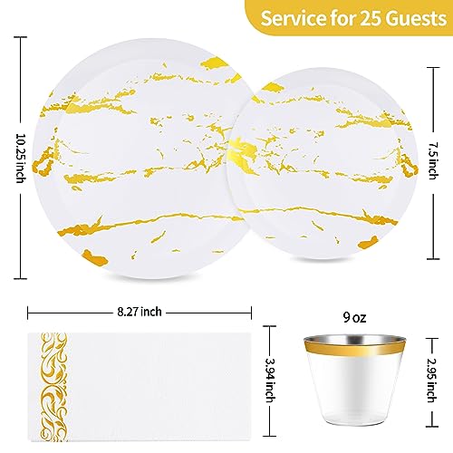 175 Piece White and Gold Plastic Dinnerware Set for 25 Guests, Disposable Plastic Plates for Party, Include: 25 Dinner Plates, 25 Dessert Plates, 25 Paper Napkins, 25 Cups, 25 Plastic Silverware Set