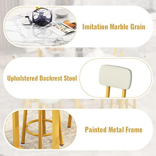 AWQM Faux Marble Dining Table with 8 PU Upholstered Chairs, Breakfast Table Bar Table and Backrest Chairs with Footrest for 8-10 People, Dining Room Set Space Saving Furniture (White & Gold)