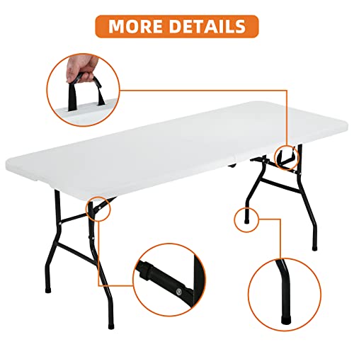 HKLGorg 6 Ft Heavy Duty Working Indoor Outdoor Plastic Folding Utility Party Dining Table Easy to Assemble with Lock Function White, 70.9 x 29.1 x 29.1 inches