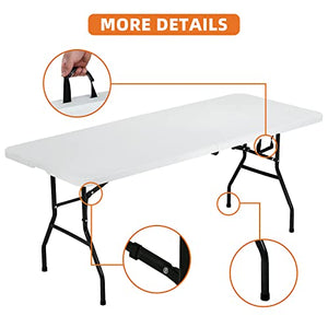 HKLGorg 6 Ft Heavy Duty Working Indoor Outdoor Plastic Folding Utility Party Dining Table Easy to Assemble with Lock Function White, 70.9 x 29.1 x 29.1 inches