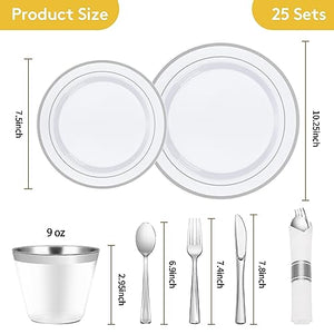 175 Piece Silver Plastic Dinnerware Set for 25 Guests, Fancy Disposable Plates for Party, Include: 25 Dinner Plates, 25 Dessert Plates, 25 Pre Rolled Napkins with Silver Silverware, 25 Cups