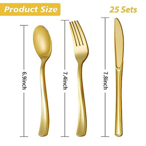 175 Piece White and Gold Plastic Dinnerware Set for 25 Guests, Disposable Plastic Plates for Party, Include: 25 Dinner Plates, 25 Dessert Plates, 25 Paper Napkins, 25 Cups, 25 Plastic Silverware Set