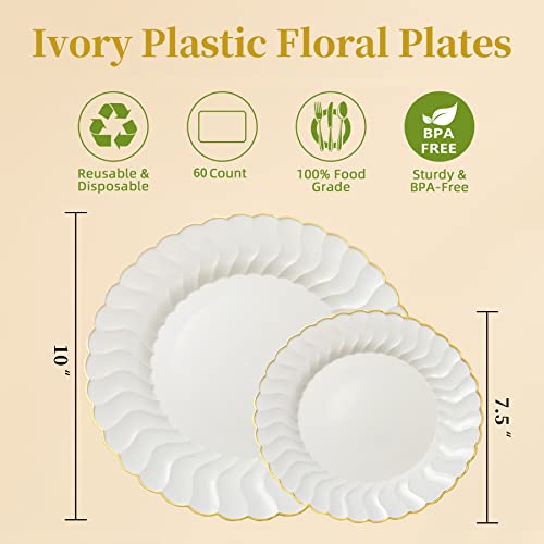 Lullaby 60 Pack Ivory Plastic Plates with Gold Rim, Disposable Elegant Plates Include 30pcs Dinner Plates 10", 30pcs Plastic Dessert Plates 7.5", Perfect for Wedding Party