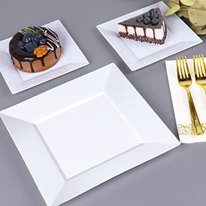 Goodluck 100 Pack Disposable Square Plastic Plates, Heavy Duty 50pcs Dinner Plates 9.5" and 50pcs Dessert Plates 6.5", Fancy Disposable Plates for Wedding, Holiday Party, Birthday, White