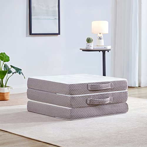 Kingfun Folding Mattress, 3 inch Tri-fold Memory Foam Mattress Topper with Washable Cover,Folding Mattress CertiPUR-US Certified, Play Mat, Foldable Bed, Guest beds, Camp Portable Bed，Single