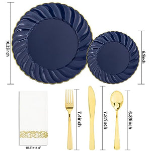 YOUBET 150PCS Blue Plastic Plates-Gold Plastic Silverware&Hand Napkins-Navy Disposable Plates include 50 Plates, 25 Forks, 25 Knives, 25 Spoons, 25 Napkins- Ideal for Wedding&Party