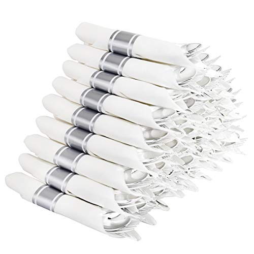 Supernal 60 Pack Silver Plastic Silverware,Pre Rolled Silverware,Premium Disposable Silver Cutlery,Suit for Wedding,Catering Event,Birthday,Party