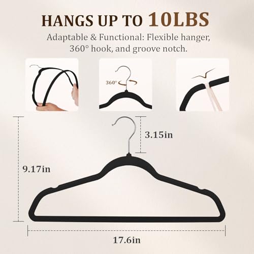 Premium Velvet Hangers 50 Pack with 10 Plastic Hangers, Heavy Duty Study Black Hangers for Coats, Pants Dress,Non Slip Clothes Hanger Set,Space Saving Felt Hangers for Clothing