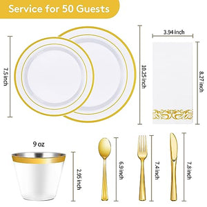 350 Piece Gold Dinnerware Set for 50 Guests, Plastic Plates Disposable for Party, Include: 50 Gold Rim Dinner Plates, 50 Dessert Plates, 50 Paper Napkins, 50 Cups, 50 Gold Silverware Set