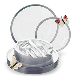 By Madee: Heavyweight Plastic Plates Disposable Dinnerware Set - Silver & Clear 150 Piece Plates Set for 25 Guests - Dinner & Salad Plates, Silverware & Gift of 3D Butterflies - Premium Party Supplies