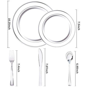 WDF 40Guest Silver Plastic Plates with Silver Silverware - White Plastic Plates with Silver Rim, Dinnerware Sets Include 40 Dinner Plates, 40 Salad Plates,40 Forks, 40 Knives, 40 Spoons