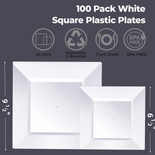 Goodluck 100 Pack Disposable Square Plastic Plates, Heavy Duty 50pcs Dinner Plates 9.5" and 50pcs Dessert Plates 6.5", Fancy Disposable Plates for Wedding, Holiday Party, Birthday, White