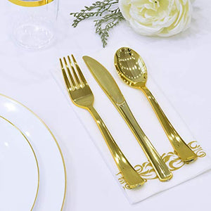 Vplus 175 Count Gold Rim Plastic Plates Sets, Disposable Dinnerware Sets for Wedding Party, Include 25 Dinner Plates,25 Dessert Plates,25 Forks,25 Knives,25 Spoons,25 Cups,25 Napkins (Gold Rim)