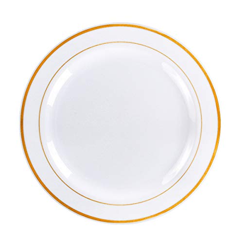Gold Plastic Party Plates, MCIRCO 100 Pieces, Disposable for Weddings, Premium Heavy Duty Gold Rim Plates, Include 50 10.25 Inch Dinner Plates and 50 7.5 Inch Dessert Appetizer Plates