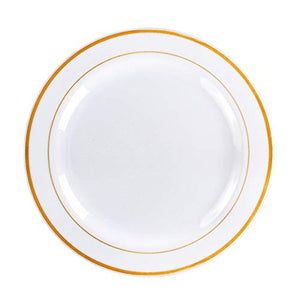 Gold Plastic Party Plates, MCIRCO 100 Pieces, Disposable for Weddings, Premium Heavy Duty Gold Rim Plates, Include 50 10.25 Inch Dinner Plates and 50 7.5 Inch Dessert Appetizer Plates