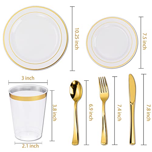 N9R 150PCS Gold Plastic Plates with Plastic Cutlery Set and Cups, Disposable Silverware include 25 Dinner Plates, 25 Dessert Plates, 25 Forks, 25 Knives, 25 Spoons, 25 Cups for Party and Wedding