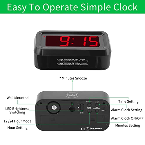 Alarm Clock, Digital Clock, Small Wall Clock, Battery Operated, Adjustable 3-Level Led Brightness, Dim Night Mode, 12/24Hr, Cordless, Constantly 1.2'' Digits Display for Bedroom/Travel, Easy to Set