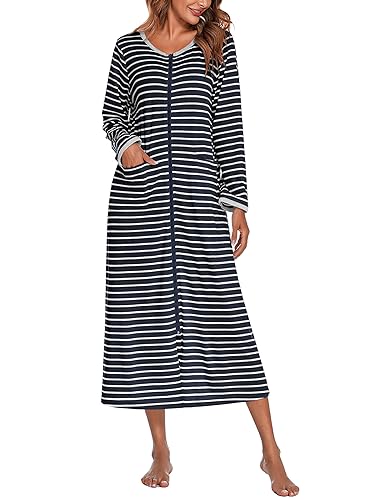 Ekouaer Women Long House Coat Zipper Front Robes Full Length Nightgowns with Pockets Striped Loungewear S-4XL
