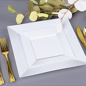 Goodluck 100 Pack Disposable Square Plastic Plates, Heavy Duty 50pcs Dinner Plates 9.5" and 50pcs Dessert Plates 6.5", Fancy Disposable Plates for Wedding, Holiday Party, Birthday, White