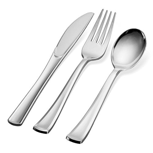 300 Plastic Silverware Set - Silver Cutlery Set - Disposable Flatware Set - 100 Forks - 100 Spoons - 100 Knives - Heavy Duty - Party Bulk