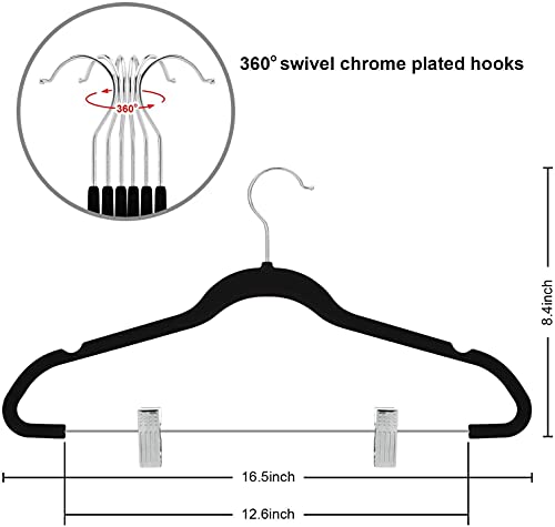 TIMMY 30-Pack Pants Hangers, 16.7-Inch Long Velvet Trousers Hangers with Adjustable Clips, Heavy-Duty, Non-Slip, Space-Saving ，360 ° Swivel Hooks Black Velvet Hanger