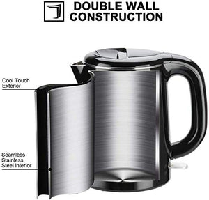 Secura Stainless Steel Double Wall Electric Kettle Water Heater for Tea Coffee w/Auto Shut-Off and Boil-Dry Protection, 1.0L (Black)