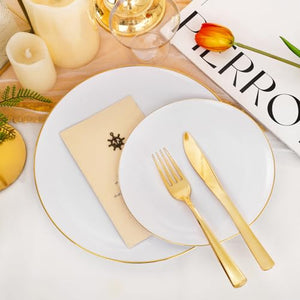 176Pcs White and Gold Plastic Plates - White Plastic Plates with Gold Rim 25Guest include 25Dinner Plates 25Dessert Plates 25Cups 25 Cutlery 25Napkins 1Tablecloth for Party&Weeding&Christmas