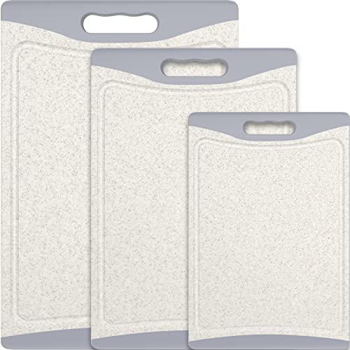 Extra Large Cutting Boards, Plastic Cutting Boards for Kitchen (Set of 3) Cutting Board Set Dishwasher Chopping Board with Juice Grooves Easy-Grip Handles, Beige, Empune