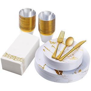 175 Piece White and Gold Plastic Dinnerware Set for 25 Guests, Disposable Plastic Plates for Party, Include: 25 Dinner Plates, 25 Dessert Plates, 25 Paper Napkins, 25 Cups, 25 Plastic Silverware Set