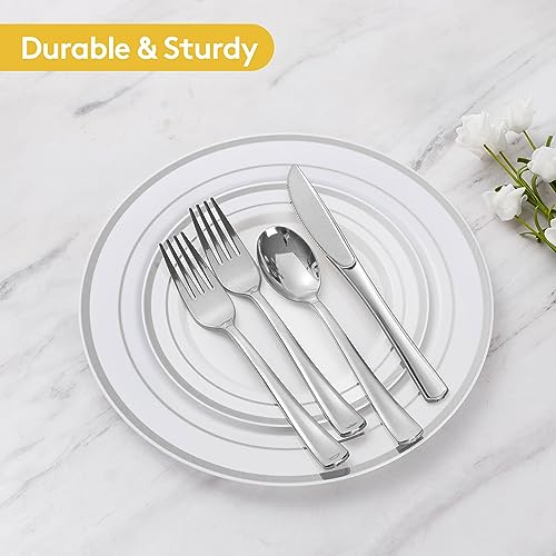 Goodluck 600 Piece Disposable Silver Plates for 100 Guests, Plastic Dinnerware Set of 100 Dinner Plates, 100 Salad Plates, 100 Spoons, 100 Forks, 100 Knives, 100 Cups, Plastic Plates for Party