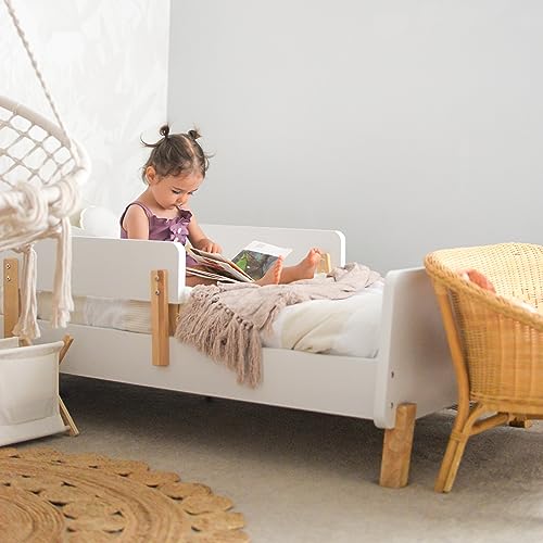 Muse Toddler Bed with Removable Rails – Toddler and Kids Bed Set Fits Standard Crib Mattress, Holds up to 50 Lbs. – Modern, Easy-to-Assemble, 55.15x 31.26x17.95 in, White + Natural