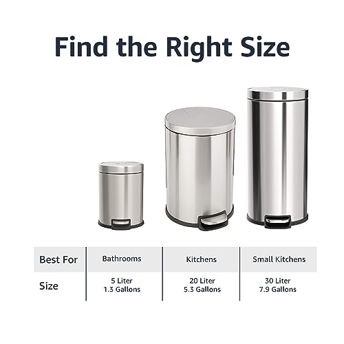 Amazon Basics Round Cylindrical Soft-Close Small Trash Can With Foot Pedal, 5 Liter/1.3 Gallon, Brushed Stainless Steel