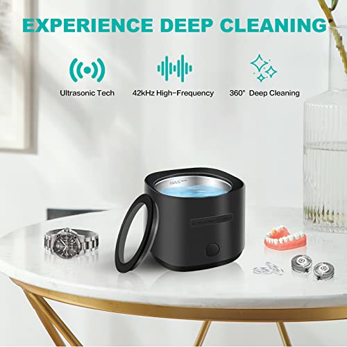 Ultrasonic Cleaner for Dentures, Retainer, Mouth Guard, Aligner, Toothbrush Head, 42kHz Ultrasonic Jewelry Cleaner, 180ML Portable Ultrasonic Retainer Cleaner at Home or Travel Use (Black)