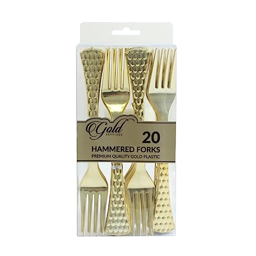 Party Bargains Disposable Hammered Silverware Forks, 20 Count, Gold, Heavy Duty Plastic Flatware Cutlery Utensils, Excellent for Weddings, Birthdays, Parties, Buffets, Catering Service