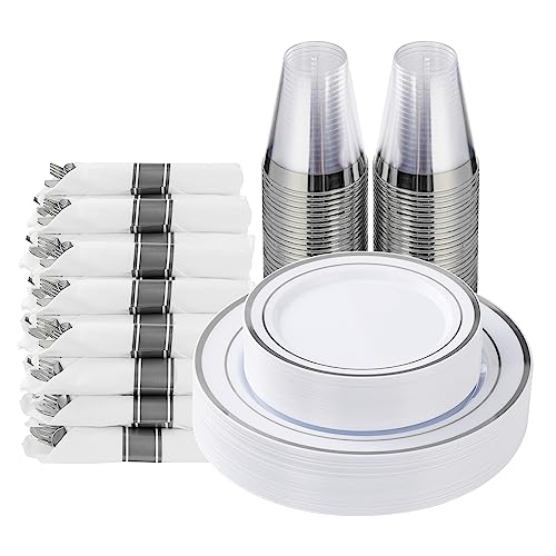 175 Piece Silver Plastic Dinnerware Set for 25 Guests, Fancy Disposable Plates for Party, Include: 25 Dinner Plates, 25 Dessert Plates, 25 Pre Rolled Napkins with Silver Silverware, 25 Cups