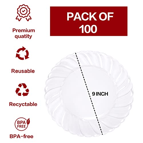 U-QE 100 Pieces Clear Plastic Plates - 9 Inch Clear Disposable Plates - Washable & Reusable - Premium Hard Clear Plates - Party Supplies for Birthdays, Celebrations, Travel, Wedding, Party and Events